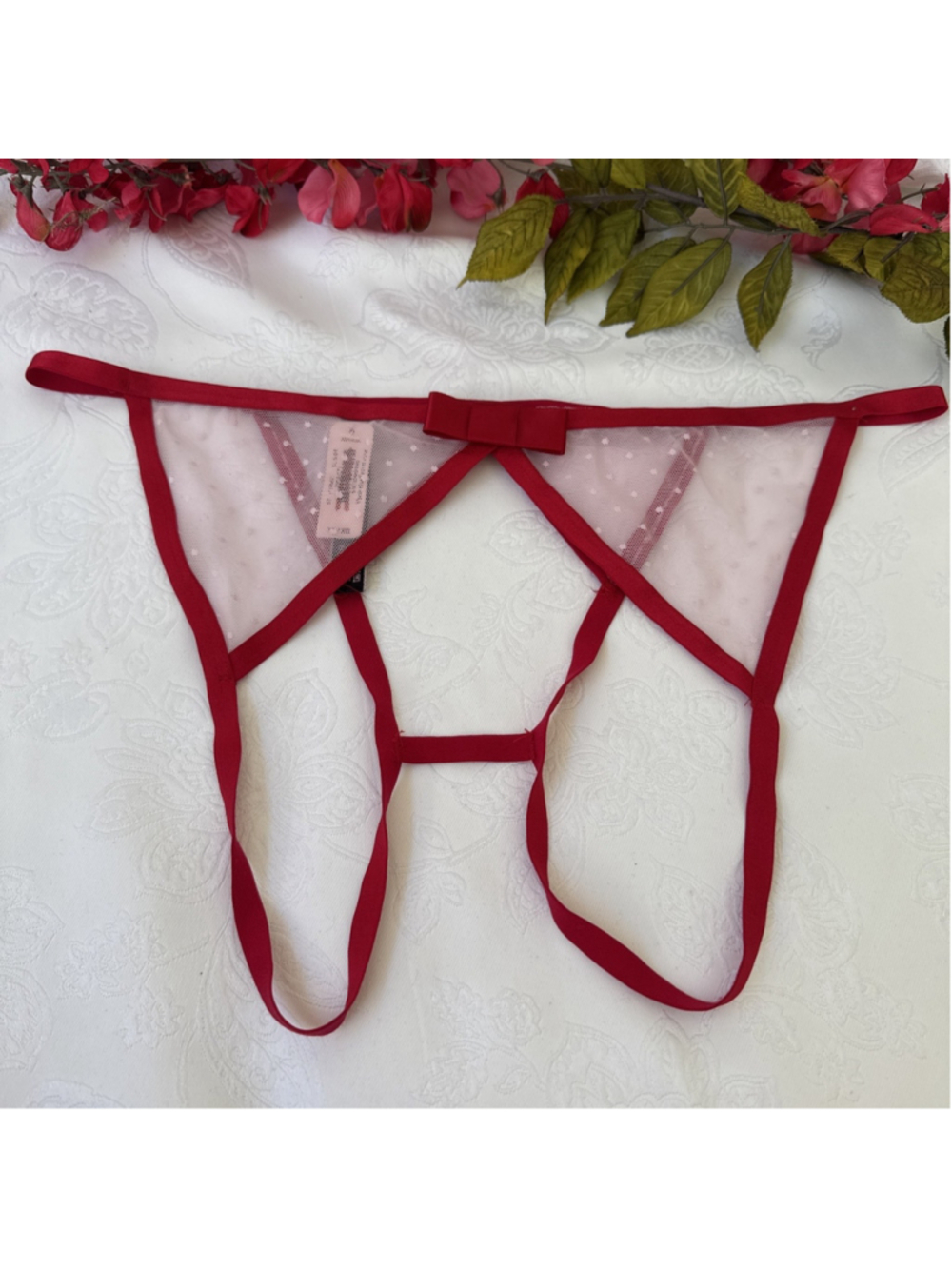 VICTORIA'S SECRET XL RED PINK LACE MESH OPEN BOTTOM CHEEKINI TANGA PANTIES NWT